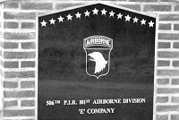 The memorial to E-Company, 101st Airbourne, 506th. This memorial is place in front of the positions taken by E-Company in the defence of Bastogne.